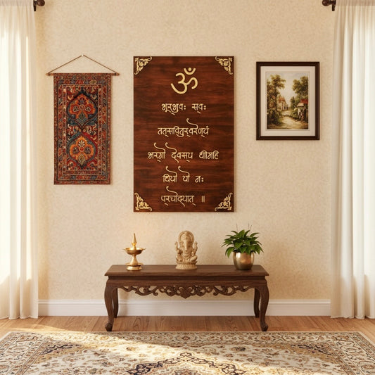 Handcrafted Wooden Gayatri Mantra & Om Wall Art Plaque