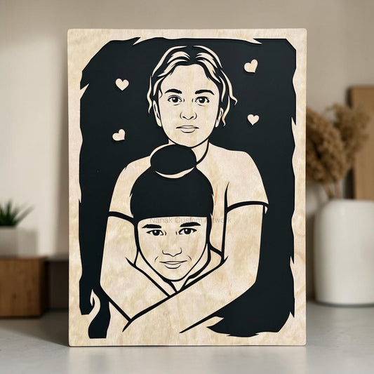 Two Faces Or Couple Wooden Portrait