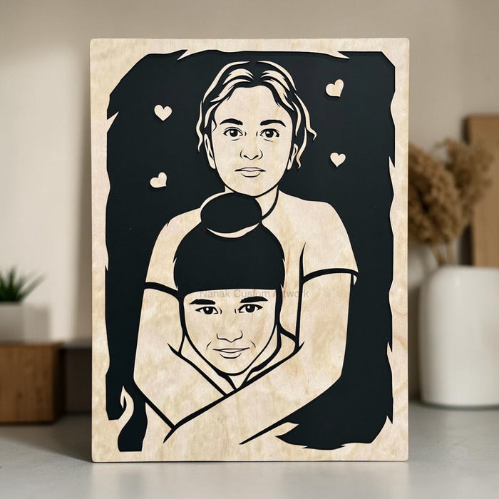 Two Faces Or Couple Wooden Portrait