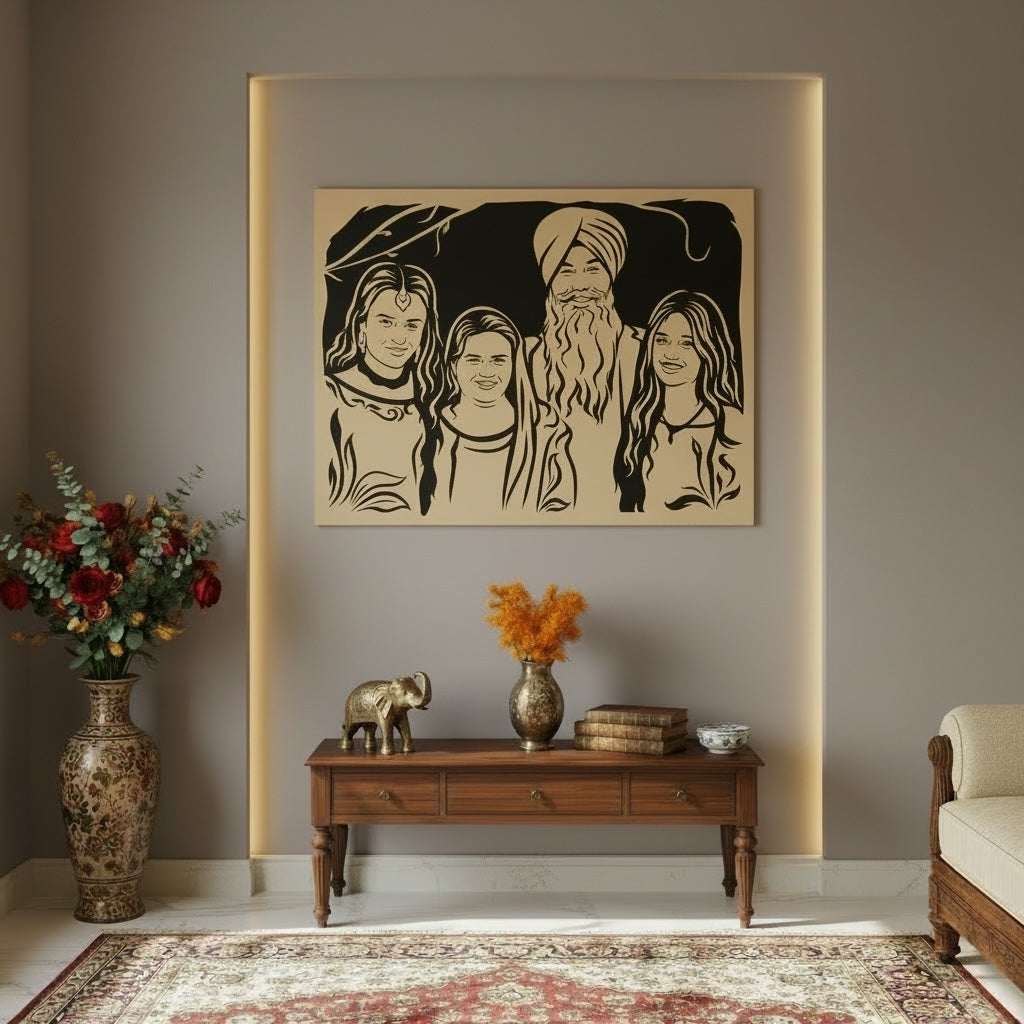 4 Faces Family Wooden Portrait